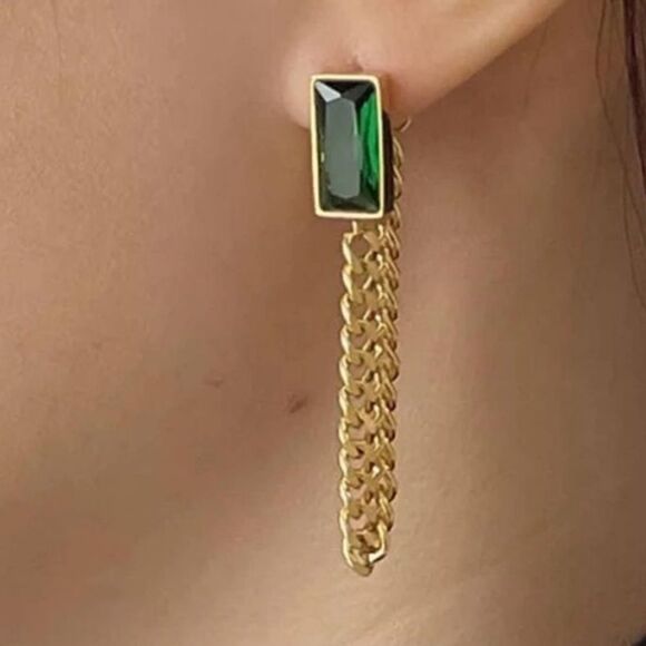 The Champion Square Emerald Crystal Gold Chain Dangle drop Earrings - Picture 1 of 8